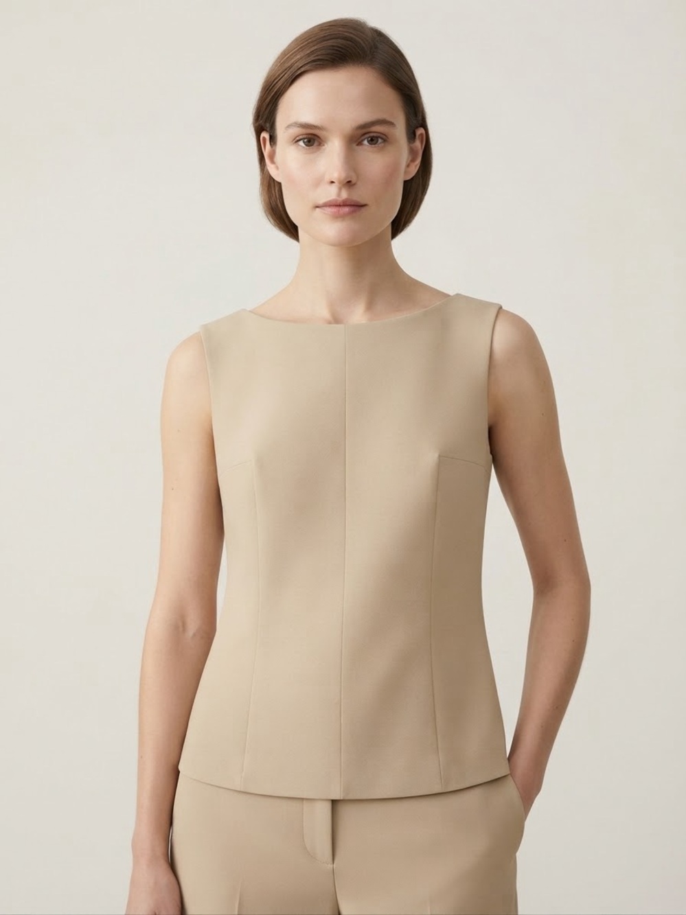 Sleeveless Beige Shell Top - Tailored Minimalist